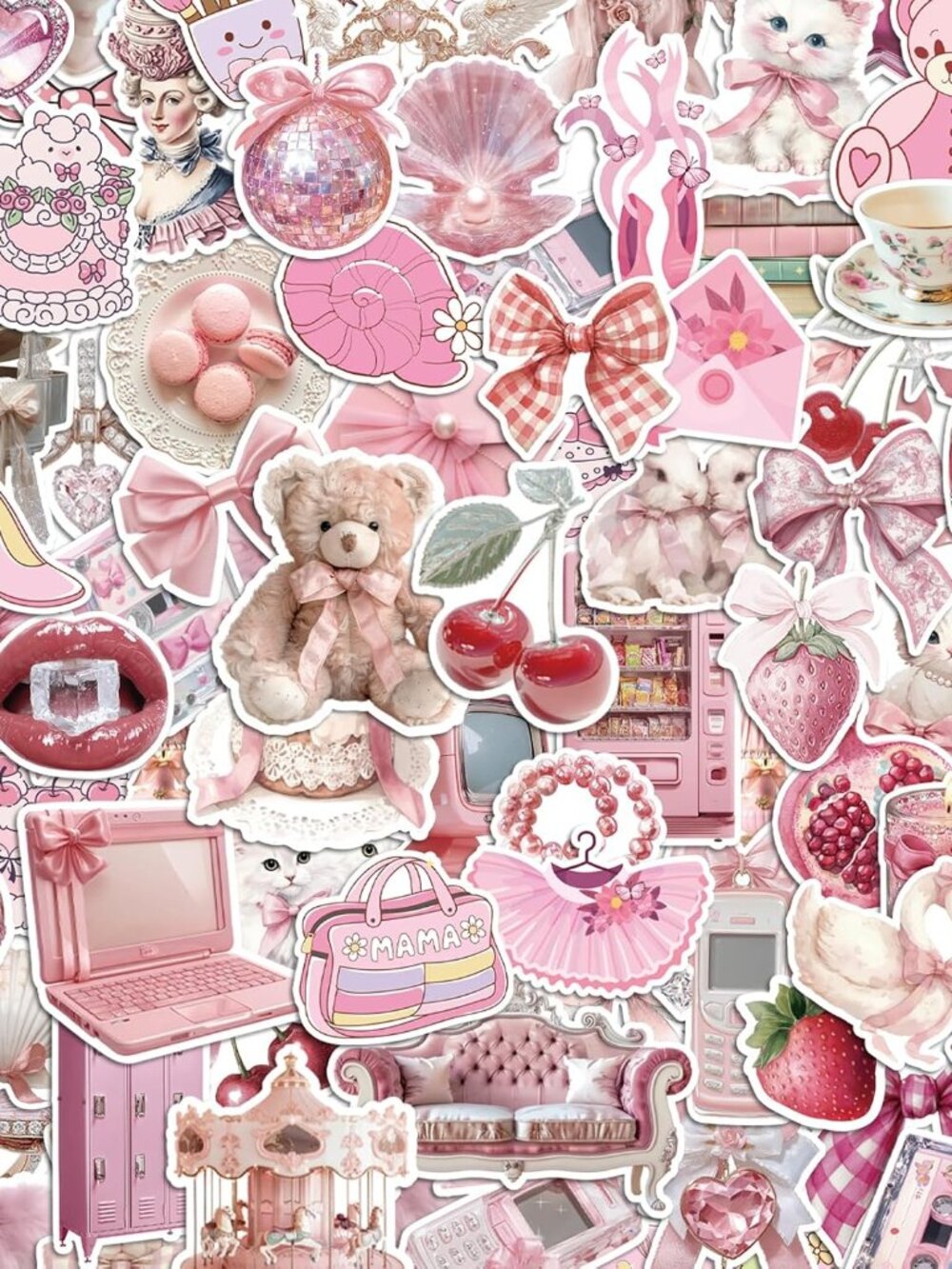 200 PCS Coquette Stickers, Pink Aesthetic Waterproof Vinyl Stickers for Girls, P